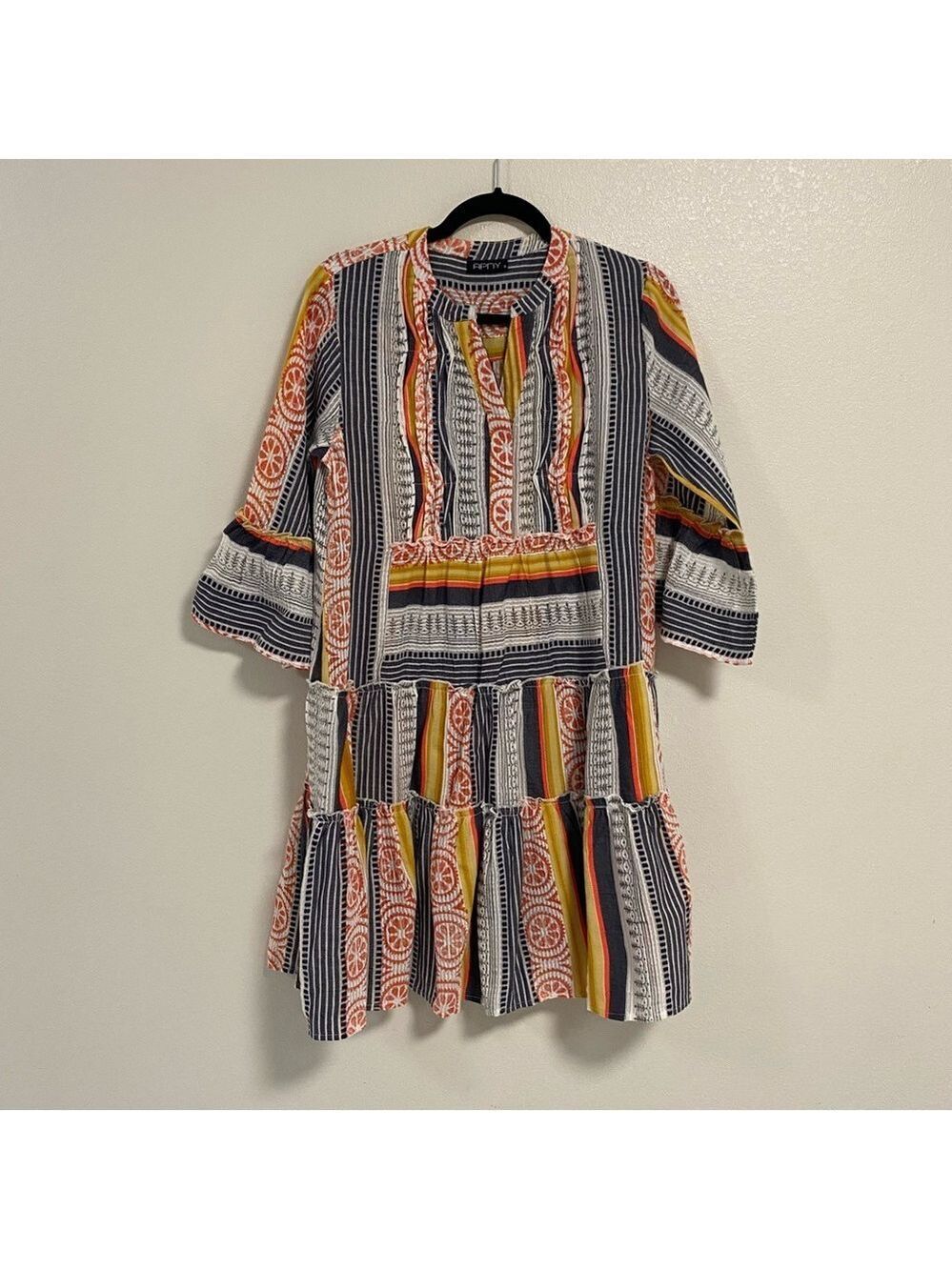 APNY dress Women’s Size Small Orange Gray Striped ruffle dress